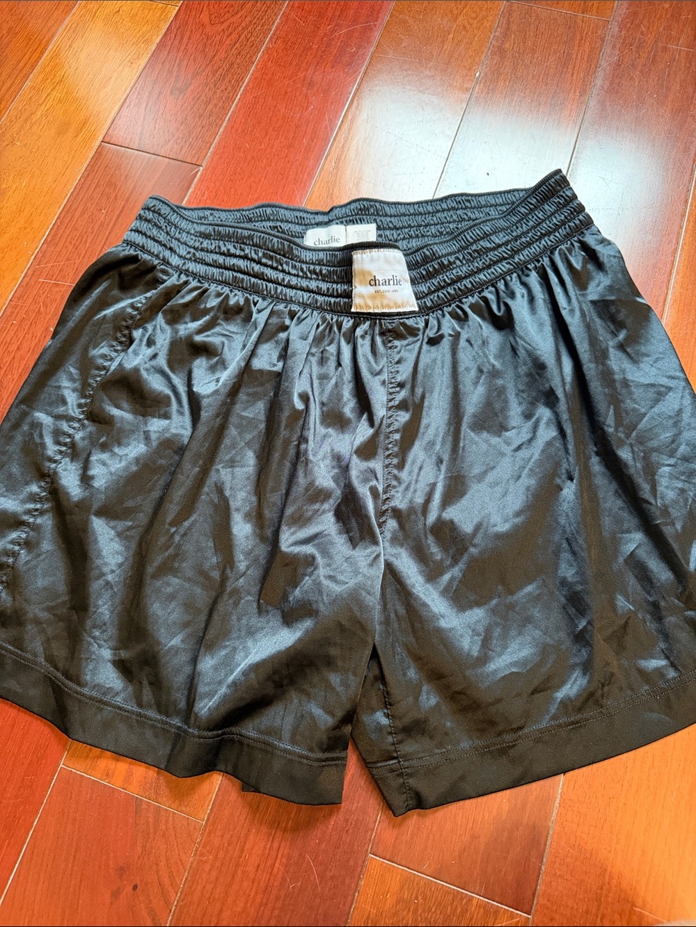 Charlie Black Satin Lounge Shorts with Smocked Waistband